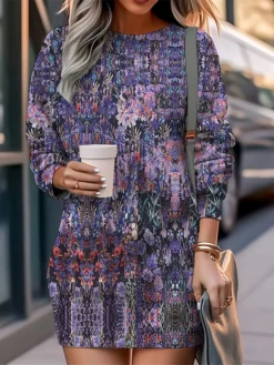 Women's Casual Dress Sweatshirt Dress Mini Dress Warm Fashion Outdoor Vacation Going Out Crew Neck Print Floral Loose Fit Black Red Blue S M L XL XXL -HANs Plus Size Style Shop cxvjfw1694502670375