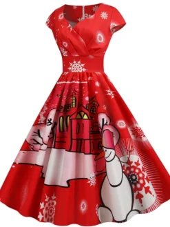 Women's Christmas Knee Length Dress Blue Dusty Blue Royal Blue Black Red Navy Blue Dark Blue Light Blue Short Sleeve Print Print Fall Winter V Neck Casual Vintage2021 S M L XL XXL 3XL -HANs Plus Size Style Shop cxxtxq1629970327221