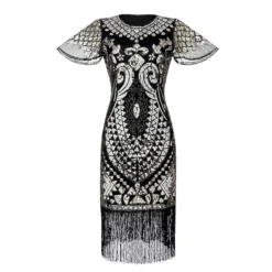 Women's Retro 1920s Fringe Dress Midi Dress Party Halloween Sequins Tassel Fringe Floral V Neck Short Sleeve Regular Fit Spring Fall 2023 Silver Black S M L XL -HANs Plus Size Style Shop cydrcj1692849706775
