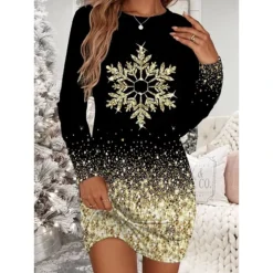 Women's Christmas T Shirt Dress Tee Dress Bodycon Mini Dress Wine White Long Sleeve Snowman Snowflake Print Winter Fall Crew Neck Vacation Casual Fall Dress Loose Fit 2022 S M L XL XXL 3XL 4XL 5XL 6XL -HANs Plus Size Style Shop cyfyja1668221203358