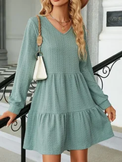 Women's Casual Dress Bodycon Black Dress Mini Dress Patchwork Outdoor Street Daily Active Fashion V Neck Long Sleeve 2023 Regular Fit Sky Blue Green Khaki Color S M L XL XXL Size -HANs Plus Size Style Shop cznmmg1692936632634