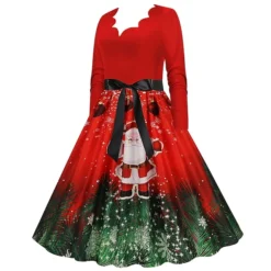 Women's Christmas Party Dress Swing DressKnee Length Dress Green Wine Dark Green Red Black Long Sleeve Santa Claus Elk Snowman Print Fall Winter V Neck Vintage Party Elegant Party 2022 S M L XL XXL -HANs Plus Size Style Shop czsghd1665475513665