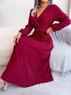Women's Casual Dress Swing Dress Long Dress Maxi Dress Black Red Royal Blue Long Sleeve Pure Color Lace Up Spring Fall Winter V Neck Fashion 2023 S M L XL -HANs Plus Size Style Shop czsmwl1670581792351