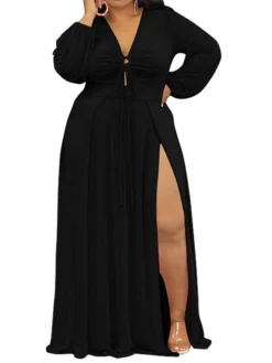 Women‘s Plus Size Curve Easter Dress Party Dress Solid Color V Neck Split Long Sleeve Fall Spring Dress Work Prom Dress Maxi Dress Party Vacation Dress -HANs Plus Size Style Shop czspbl1638783970335