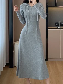 Women's Casual Dress Hoodie Dress Midi Dress Fashion Daily Outdoor Vacation Going Out Hoodie Zipper Solid Color Regular Fit Black Gray S M L XL -HANs Plus Size Style Shop daewnq1696674370065