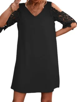 Women's Casual Dress Lace Dress Shift Dress Mini Dress Lace Cold Shoulder Outdoor Street Daily Fashion Streetwear V Neck Half Sleeve 2023 Regular Fit Black Wine Apricot Color S M L XL XXL Size -HANs Plus Size Style Shop daiaqr1691495906830