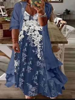 Women‘s Plus Size Curve Two Piece Dress Floral V Neck Print Long Sleeve Fall Spring Casual Maxi Long Dress Casual Daily Dress -HANs Plus Size Style Shop dajsgh1696941704681
