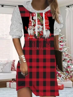 Women's Christmas Hoodie Dress Shift Dress Mini Dress Black Wine Light Red Long Sleeve Plaid Print Fall Spring Hooded Fashion Christmas Daily Loose Fit 2022 S M L XL XXL 3XL -HANs Plus Size Style Shop danreg1667562301501