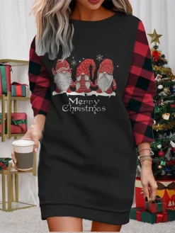 Women's Christmas Casual Dress Sweatshirt Dress Mini Dress Warm Fashion Outdoor Vacation Crew Neck Print Geometric Santa Claus Loose Fit Black Red Burgundy S M L XL XXL -HANs Plus Size Style Shop danziz1695365426451
