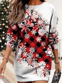 Women's Christmas Casual Dress Sweatshirt Dress Mini Dress Warm Fashion Outdoor Vacation Crew Neck Print Geometric Print Loose Fit Red Blue Purple S M L XL XXL