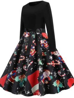 Women's Christmas Knee Length Dress Green White Black Rainbow Red Long Sleeve Print Snowflake Santa Claus Print Fall Winter Crew Neck Casual Vintage Party 2022 S M L XL XXL -HANs Plus Size Style Shop daubse1565580512984
