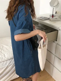 Women's Shift Dress Denim Shirt Dress Midi Dress Denim Fashion Casual Outdoor Daily Vacation Shirt Collar Button Pocket Short Sleeve Summer Spring Fall 2023 Loose Fit Blue Plain S M L XL -HANs Plus Size Style Shop dbinmc1677036644609