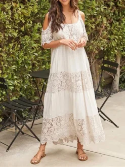 Women's Long Dress Maxi Dress Casual Dress Lace Dress White Dress Plain Fashion Modern Daily Holiday Vacation Lace Cold Shoulder Short Sleeve Square Neck Dress Regular Fit White Beige Summer Spring S -HANs Plus Size Style Shop dbjnas1680502363191