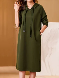 Women's Casual Dress Hoodie Dress Midi Dress Active Daily Outdoor Going Out Weekend Hoodie Pocket Solid Color Loose Fit Black Pink Green M L XL XXL 3XL