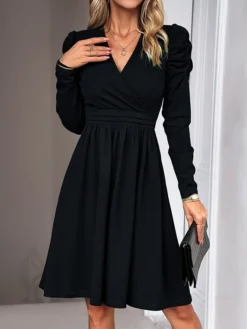 Women's Casual Dress Plain Dress Empire Waist Dresses Midi Dress Ruched Outdoor Daily Holiday Fashion Modern V Neck Long Sleeve 2023 Regular Fit Black Green Khaki Color S M L XL Size -HANs Plus Size Style Shop dbuahj1692081752008