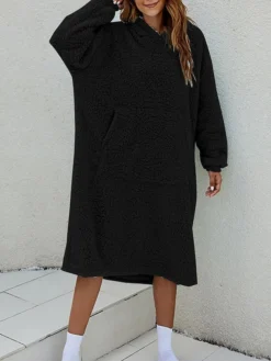 Women's Casual Dress Hoodie Dress Midi Dress Active Fashion Outdoor Home Holiday V Neck Pocket Solid Color Loose Fit Pink Burgundy Royal Blue M -HANs Plus Size Style Shop dbuucq1692588264626