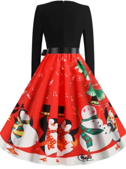 Women's Christmas Knee Length Dress Blue Purple Wine Gray Green Black Red Light Blue Long Sleeve Print Bow Print Fall Winter Round Neck Casual Vintage2021 S M L XL XXL -HANs Plus Size Style Shop dbvphc1629971945916