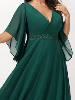 Women‘s Plus Size Curve Casual Dress Swing Dress Plain Long Dress Maxi Dress 3/4 Length Sleeve Layered V Neck Basic Outdoor Dark Green Summer Spring L XL XXL 3XL 4XL -HANs Plus Size Style Shop dbxfag1685008004982