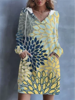 Women's Casual Dress Hoodie Dress Shift Dress Floral Pocket Drawstring Hooded Mini Dress Fashion Streetwear Outdoor Daily Long Sleeve Loose Fit Yellow Light Green Pink Spring Fall S M L XL XXL