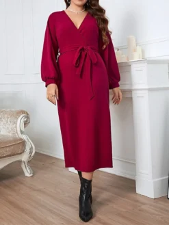 Women‘s Plus Size Curve Work Dress Sheath Dress Semi Formal Dress Fashion Midi Dress Lace Up Split V Neck Long Sleeve Plain Regular Fit Wine Spring Fall XL XXL 3XL 4XL -HANs Plus Size Style Shop dcesax1692089854573