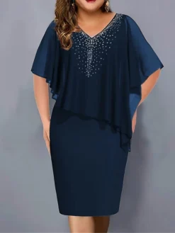 Women‘s Plus Size Curve Party Dress Cocktail Dress Wedding Guest Dress Midi Dress Black Wine Navy Blue Half Sleeve Pure Color Patchwork Summer Spring Fall V Neck Fashion Vacation