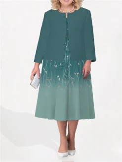 Women's Plus Size Curve Two Piece Dress Set Casual Dress Swing Dress Outdoor Office Fashion Streetwear Print Midi Dress Crew Neck Long Sleeve Floral Ombre Blue Purple Green Fall Winter L XL XXL -HANs Plus Size Style Shop dcgwrl1692942822507