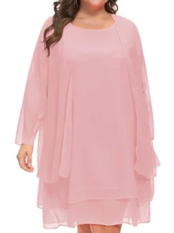 Women‘s Plus Size Curve Casual Dress Solid Color Crew Neck Mesh Long Sleeve Spring Fall Casual Knee Length Dress Daily Vacation Dress