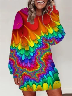 Women's Casual Dress Sweatshirt Dress Winter Dress Tie Dye Print Crew Neck Mini Dress Fashion Streetwear Outdoor Daily Long Sleeve Loose Fit White Yellow Red Fall Winter S M L XL XXL -HANs Plus Size Style Shop dctbpj1692936771657