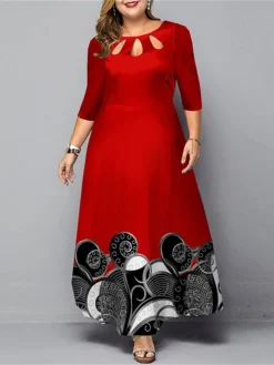 Women‘s Christmas Plus Size Curve Work Dress Semi Formal Dress A Line Dress Fashion Long Dress Maxi Dress Cut Out Print Crew Neck 3/4 Length Sleeve Polka Dot Print Loose Fit Black Red Spring Fall -HANs Plus Size Style Shop dcuuxc1691048934078