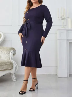 Women's Plus Size Party Dress Wedding Guest Dress Sheath Dress Midi Dress Dark Blue Long Sleeve Pure Color Ruffle Spring Fall Winter Crew Neck Fashion Winter Dress Office Evening Party 2023 XL XXL -HANs Plus Size Style Shop dddrpf1693535293297