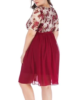 Women‘s Plus Size Curve Party Dress Cocktail Dress Wedding Guest Dress Midi Dress Black Wine Short Sleeve Floral Lace Up Summer Spring Fall V Neck Fashion Birthday Wedding Guest Vacation 2023 -HANs Plus Size Style Shop ddekcy1691399400171