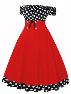 Women‘s Christmas Swing Dress Vintage Dress Midi Dress Black Red Short Sleeve Polka Dot Ruched Fall Spring Summer Off Shoulder Vintage Style Vacation Weekend 2022 S M L XL XXL -HANs Plus Size Style Shop ddtdvx1630033599474