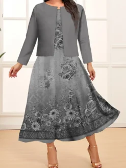 Women's Plus Size Curve Two Piece Dress Set Casual Dress Swing Dress Outdoor Office Fashion Streetwear Print Midi Dress Crew Neck Long Sleeve Floral Ombre Navy Blue Blue Brown Fall Winter L XL -HANs Plus Size Style Shop ddtzem1693278027120