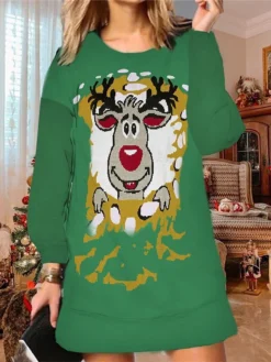 Women‘s Christmas Ugly Sweatshirt Dress Shift Dress Mini Dress Green Black Light Green Long Sleeve Santa Claus Print Winter Fall Autumn Fashion Daily 2022 S M L XL XXL 3XL -HANs Plus Size Style Shop ddwchw1667979720393