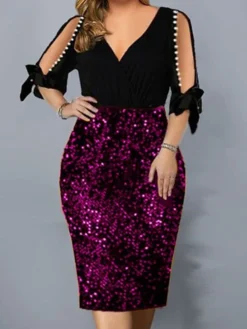 Women‘s Plus Size Curve Party Dress Solid Color V Neck Sequins Half Sleeve Spring Fall Stylish Sequins Prom Dress Midi Dress Party Club Dress Sheath Dress Sequin Dress -HANs Plus Size Style Shop ddxsah1656496081733