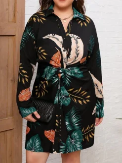 Women's Plus Size Shirt Dress Casual Dress Midi Dress Outdoor Daily Vacation Polyester Fashion Casual Shirt Collar Lace Up Button Long Sleeve Fall Winter 2023 Regular Fit Black Leaf L XL 2XL 3XL 4XL -HANs Plus Size Style Shop ddyoml1693535895123
