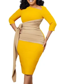 Women‘s Plus Size Curve Work Dress Color Block V Neck 3/4 Length Sleeve Spring Fall Work Elegant Knee Length Dress Work Work Dress Dress -HANs Plus Size Style Shop demcrs1665655672636