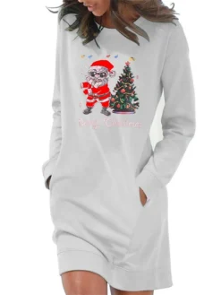 Women's Christmas Hoodie Dress Winter Dress Light Blue Grey White Long Sleeve Letter Santa Claus Tree Pocket Print Winter Fall Crew Neck Stylish Casual Loose Fit 2022 S M L XL 2XL / Cotton -HANs Plus Size Style Shop desevf1666927894611