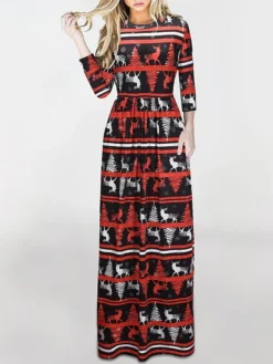 Women‘s Christmas Holiday Casual Vintage Dress Long Dress Maxi Dress Party Ruched Patchwork Santa Claus Crew Neck Long Sleeve Regular Fit Fall Winter 2023 Black White S M L XL -HANs Plus Size Style Shop deuwav1694165883268