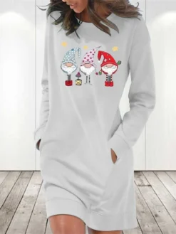 Women's Christmas Hoodie Dress Winter Dress Light Blue Grey White Long Sleeve Santa Claus Pocket Print Winter Fall Crew Neck Stylish Casual Loose Fit 2022 S M L XL 2XL / Cotton -HANs Plus Size Style Shop devjdh1666762295799