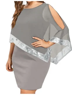 Women‘s Plus Size Curve Sequin Dress Work Dress Sheath Dress Solid Color Mini Dress Long Sleeve Crew Neck Fashion Evening Party Black Yellow Summer Spring L XL XXL 3XL 4XL -HANs Plus Size Style Shop dewoyw1697772269073