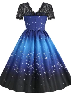 Women's Christmas Knee Length Dress Blue Purple Wine Green Black Red Short Sleeve Print Lace Print Fall Winter Round Neck CasualRegular Fit 2021 S M L XL XXL 3XL -HANs Plus Size Style Shop dfcoox1632737571740