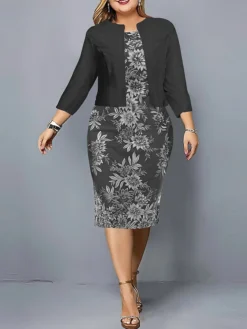 Women's Plus Size Curve Casual Dress Dress Set Two Piece Dress Floral Midi Dress Long Sleeve Print Crew Neck Fashion Outdoor Black Blue Fall Winter L XL XXL 3XL 4XL -HANs Plus Size Style Shop dfduns1695103059882