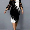 Women‘s Plus Size Curve Work Dress Sheath Dress Floral Midi Dress 3/4 Length Sleeve Mesh Print Crew Neck Elegant Outdoor White Yellow Spring Summer L XL XXL 3XL 4XL
