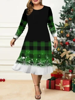 Women's Christmas Plus Size Curve Casual Dress Skater Dress A Line Dress Plaid Snowman Midi Dress Long Sleeve Print Crew Neck Fashion Outdoor Black White Fall Winter L XL XXL 3XL 4XL -HANs Plus Size Style Shop dflsnc1695191649813
