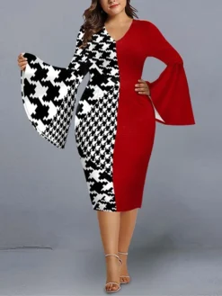 Women's Plus Size Curve Party Dress Cocktail Dress Work Dress Geometric Stripe Midi Dress Long Sleeve Print V Neck Fashion Party Black Red Fall Winter XL XXL 3XL 4XL 5XL -HANs Plus Size Style Shop dfxdch1695712247554