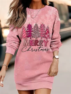 Women's Christmas Casual Dress Sweatshirt Dress Mini Dress Warm Fashion OutdoorVacation Crew Neck PrintTree Loose Fit Pink Rusty Red Red S M L XL XXL