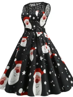 Women's Christmas Party Dress Lace Dress Midi Dress Black Sleeveless Santa Claus Print Hat Lace Ruched Bow Winter Fall Crew Neck Vintage Party 2022 S M L XL 2XL -HANs Plus Size Style Shop dgohig1666258265945