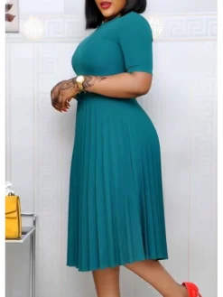 Women‘s Plus Size Curve Party Dress Solid Color Crew Neck Ruched Short Sleeve Spring Fall Work Formal Prom Dress Knee Length Dress Party Work Dress Loose Fit -HANs Plus Size Style Shop dgsqqv1616997020441