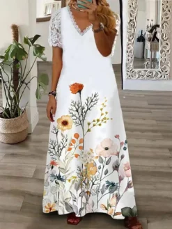 Women‘s Plus Size Curve Casual Dress A Line Dress Floral Butterfly Long Dress Maxi Dress Short Sleeve Lace Print V Neck Fashion Daily White Pink Summer Spring L XL XXL 3XL